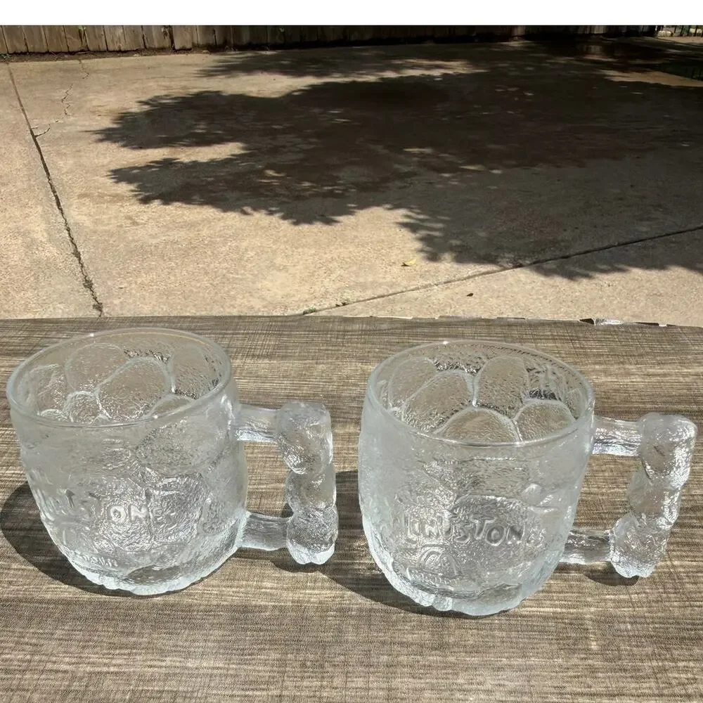 Vintage 1993 McDonalds Flintstones RocDonalds Glass Mugs Set Of 2 Bone Handle